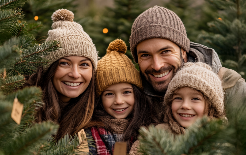 Een gezin bestaande uit vader, moeder en twee kindjes met winterjassen en mutsen en staand voor een verlichte kerstboom.