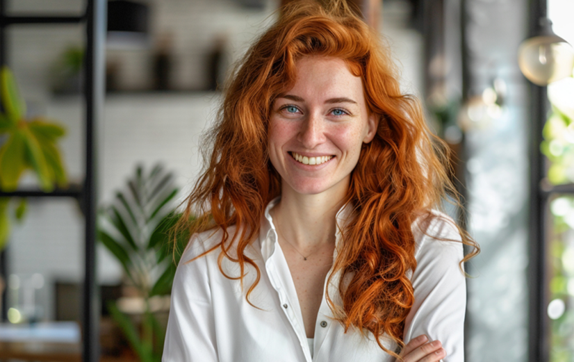 Een lachende jongedame met lang, rood haar, in huiselijke sfeer