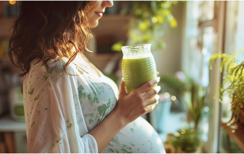 Zwangere dame met een gezonde groene smoothie