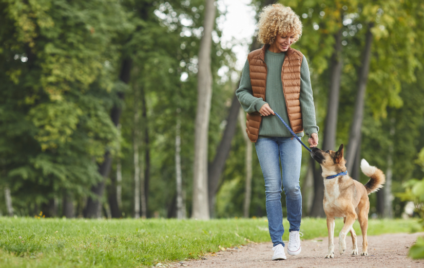 Vrouw met een energieke leefstijl wandelt met hond in het bos voor beweging en ontspanning.