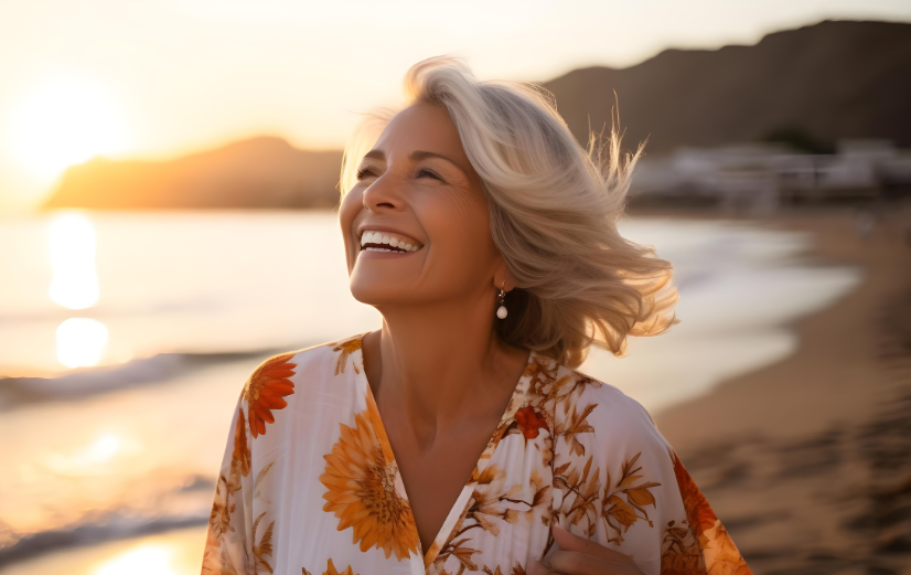 Dame met stralende huid en haar en een grote glimlach loopt in de zomer over het strand tijdens zonsondergang.