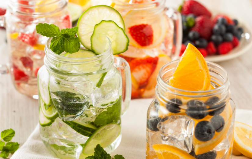 Twee grote glazen water met een smaakje en veel groenten, fruit en kruiden eromheen.