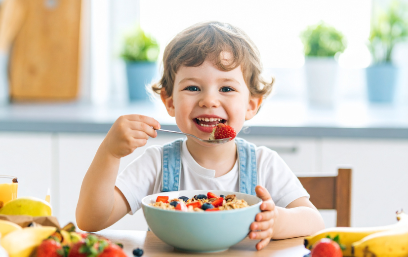 Vrolijk kind aan tafel met een gezond ontbijt met veel vers fruit. 